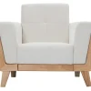 Fauteuil scandinave en tissu effet velours blanc cassé et bois clair FJORD