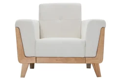 Fauteuil scandinave en tissu effet velours blanc cassé et bois clair FJORD