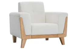 Fauteuil scandinave en tissu effet velours blanc cassé et bois clair FJORD