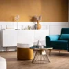 Fauteuil scandinave en tissu velours bleu pétrole et bois clair EKTOR