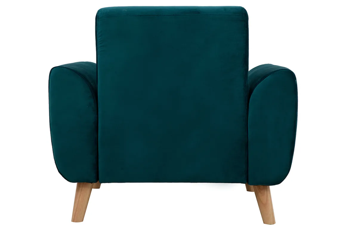 Fauteuil scandinave en tissu velours bleu pétrole et bois clair EKTOR