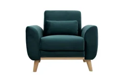 Fauteuil scandinave en tissu velours bleu pétrole et bois clair EKTOR