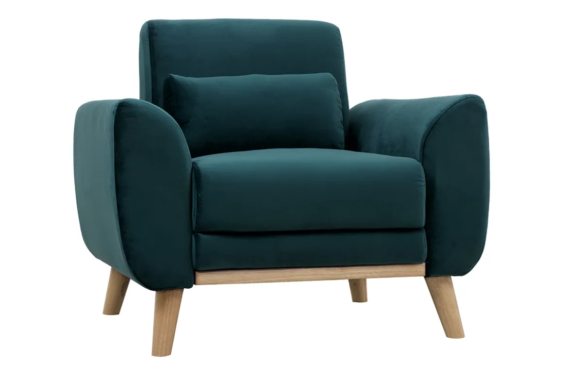 Fauteuil scandinave en tissu velours bleu pétrole et bois clair EKTOR