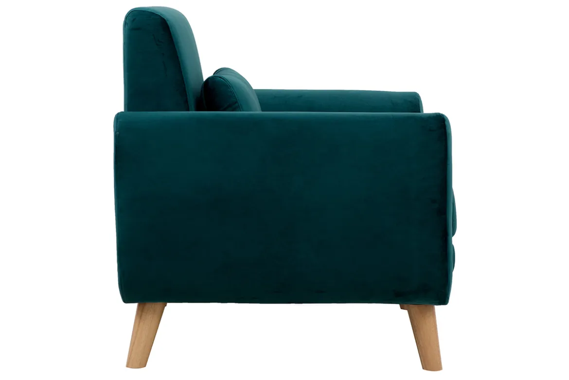 Fauteuil scandinave en tissu velours bleu pétrole et bois clair EKTOR