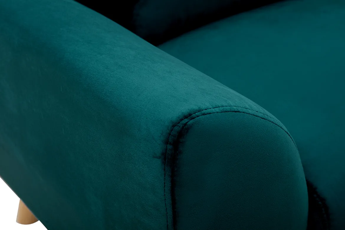 Fauteuil scandinave en tissu velours bleu pétrole et bois clair EKTOR