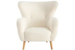 Fauteuil scandinave en tissu effet peau de mouton blanc et bois clair KORO