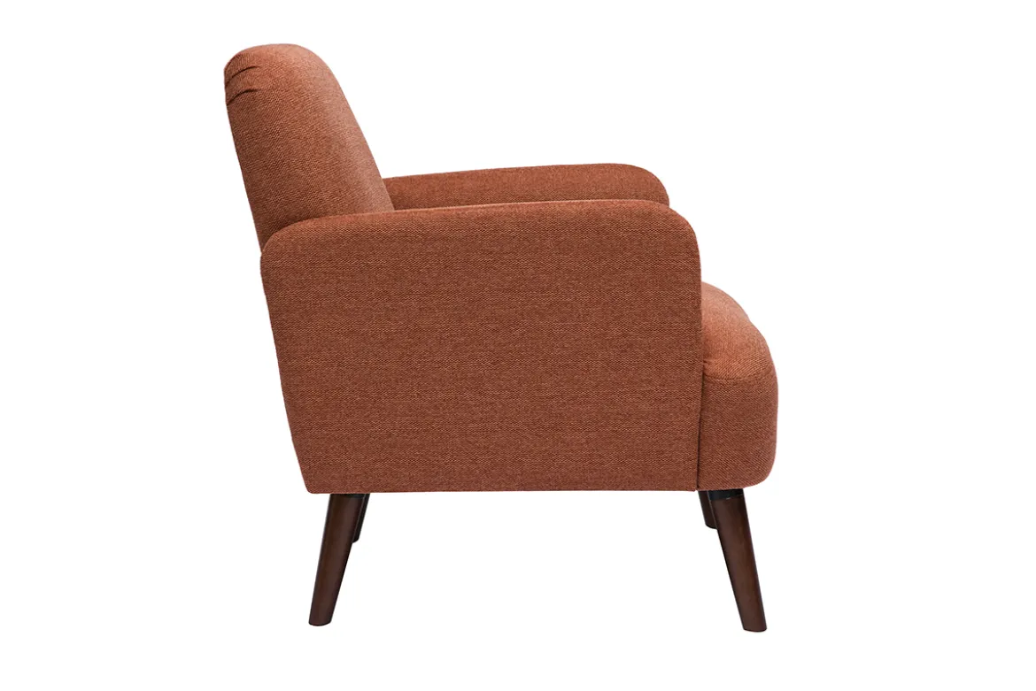 Fauteuil scandinave en tissu effet velours texturé terre brûlée et bois foncé ISKO