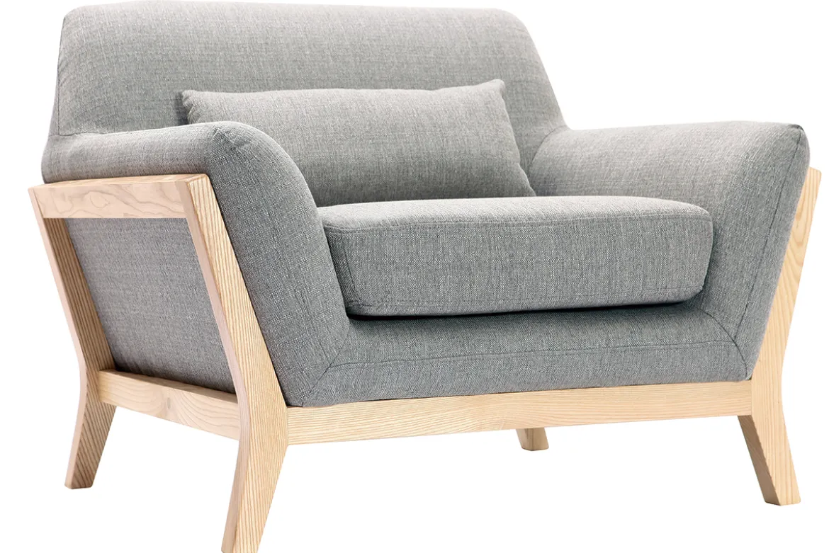 Fauteuil scandinave en tissu gris et bois clair massif YOKO