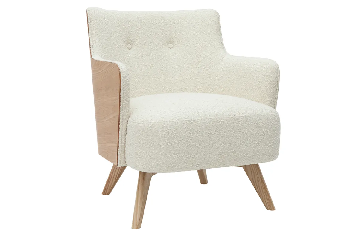 Fauteuil scandinave en tissu effet laine bouclée blanc cassé et bois clair VALMY