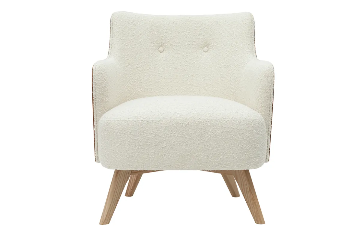 Fauteuil scandinave en tissu effet laine bouclée blanc cassé et bois clair VALMY