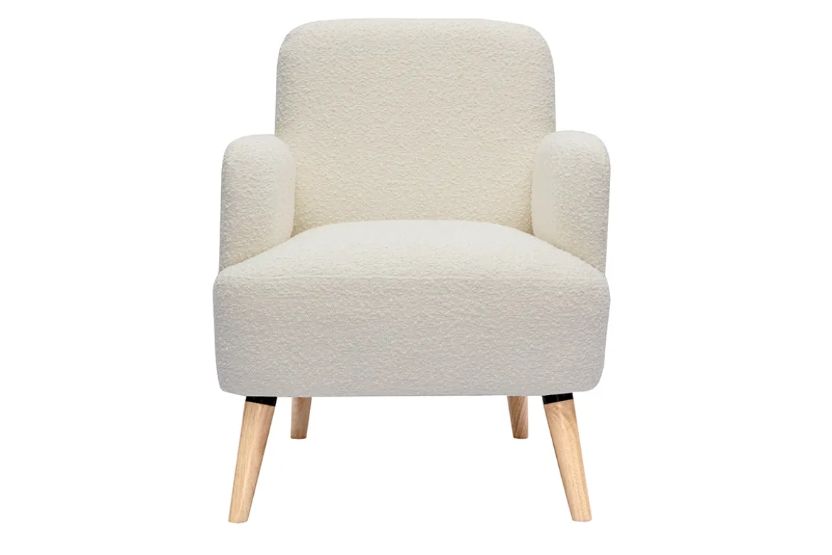 Fauteuil scandinave en tissu effet laine bouclée blanc cassé et bois clair ISKO