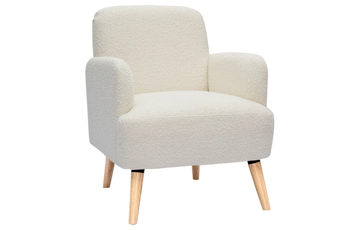 Fauteuil scandinave en tissu effet laine bouclée blanc cassé et bois clair ISKO