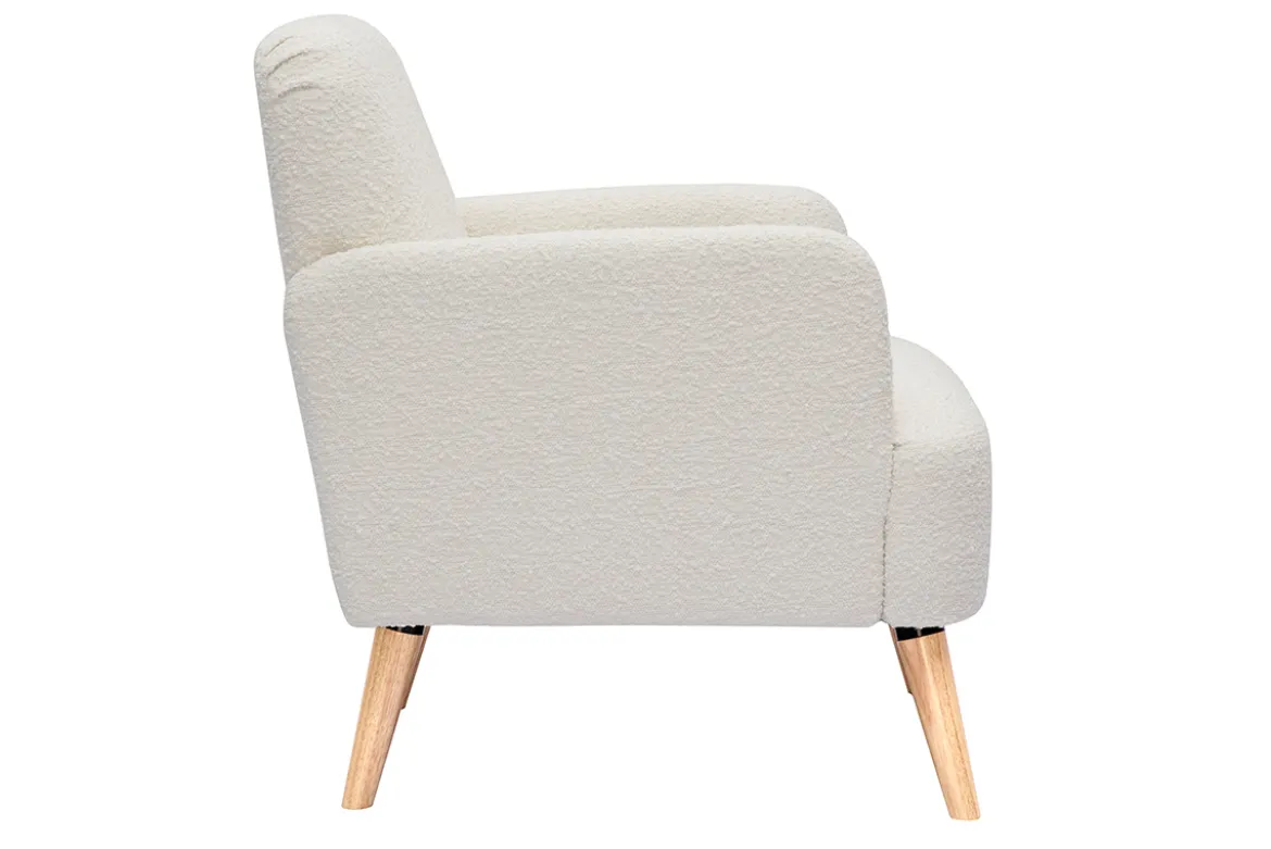 Fauteuil scandinave en tissu effet laine bouclée blanc cassé et bois clair ISKO