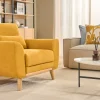 Fauteuil scandinave en tissu effet velours jaune moutarde et bois clair EKTOR