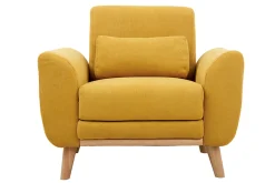 Fauteuil scandinave en tissu effet velours jaune moutarde et bois clair EKTOR