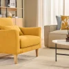 Fauteuil scandinave en tissu effet velours jaune moutarde et bois clair KATE