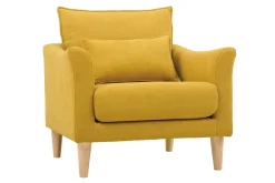 Fauteuil scandinave en tissu effet velours jaune moutarde et bois clair KATE
