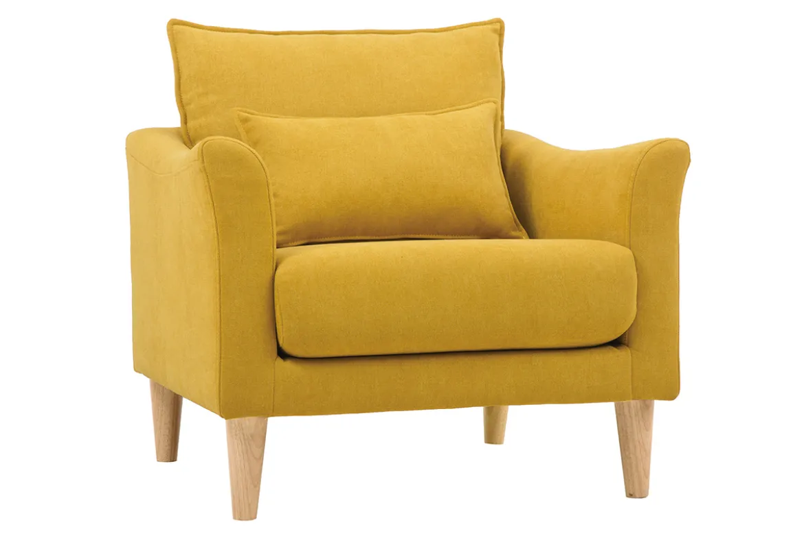Fauteuil scandinave en tissu effet velours jaune moutarde et bois clair KATE