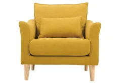 Fauteuil scandinave en tissu effet velours jaune moutarde et bois clair KATE