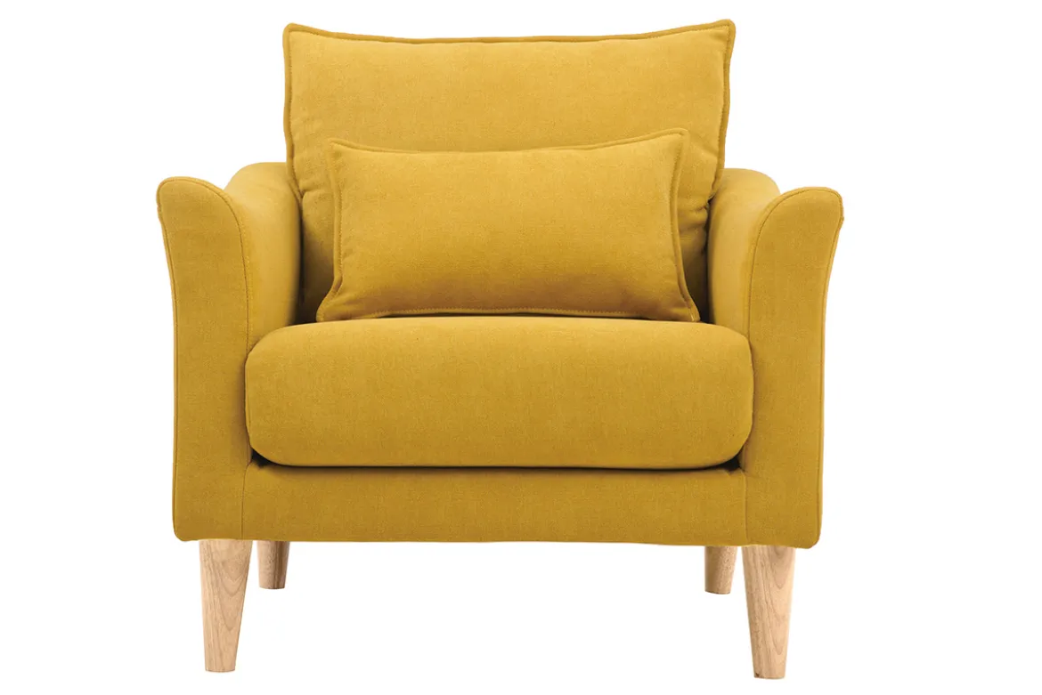 Fauteuil scandinave en tissu effet velours jaune moutarde et bois clair KATE