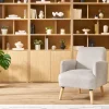 Fauteuil scandinave en tissu effet velours texturé beige et bois clair ISKO