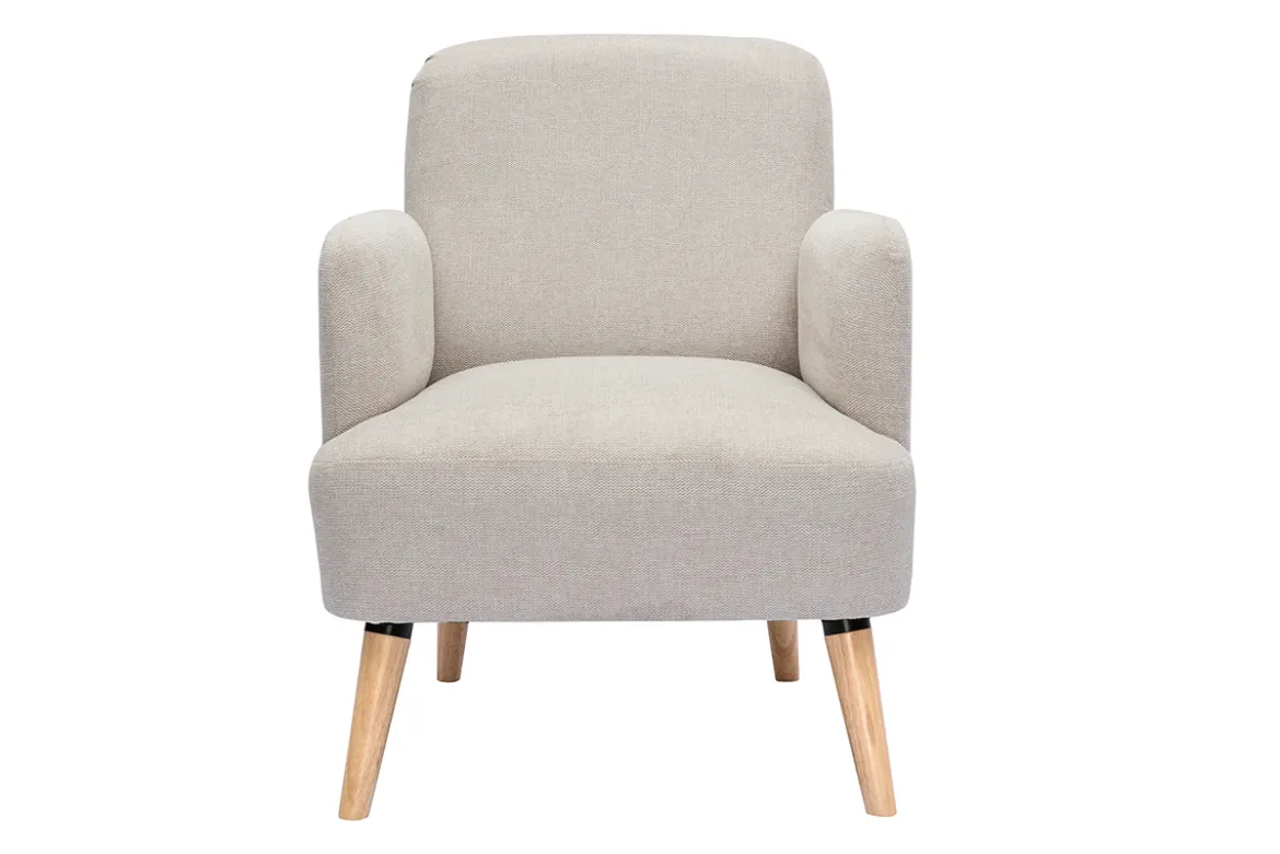 Fauteuil scandinave en tissu effet velours texturé beige et bois clair ISKO