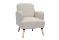 Fauteuil scandinave en tissu effet velours texturé beige et bois clair ISKO