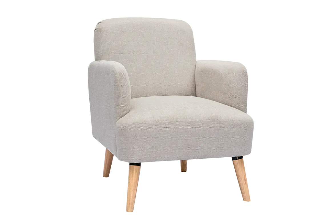 Fauteuil scandinave en tissu effet velours texturé beige et bois clair ISKO