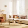 Fauteuil scandinave en tissu effet velours texturé terre brûlée et bois clair ISKO