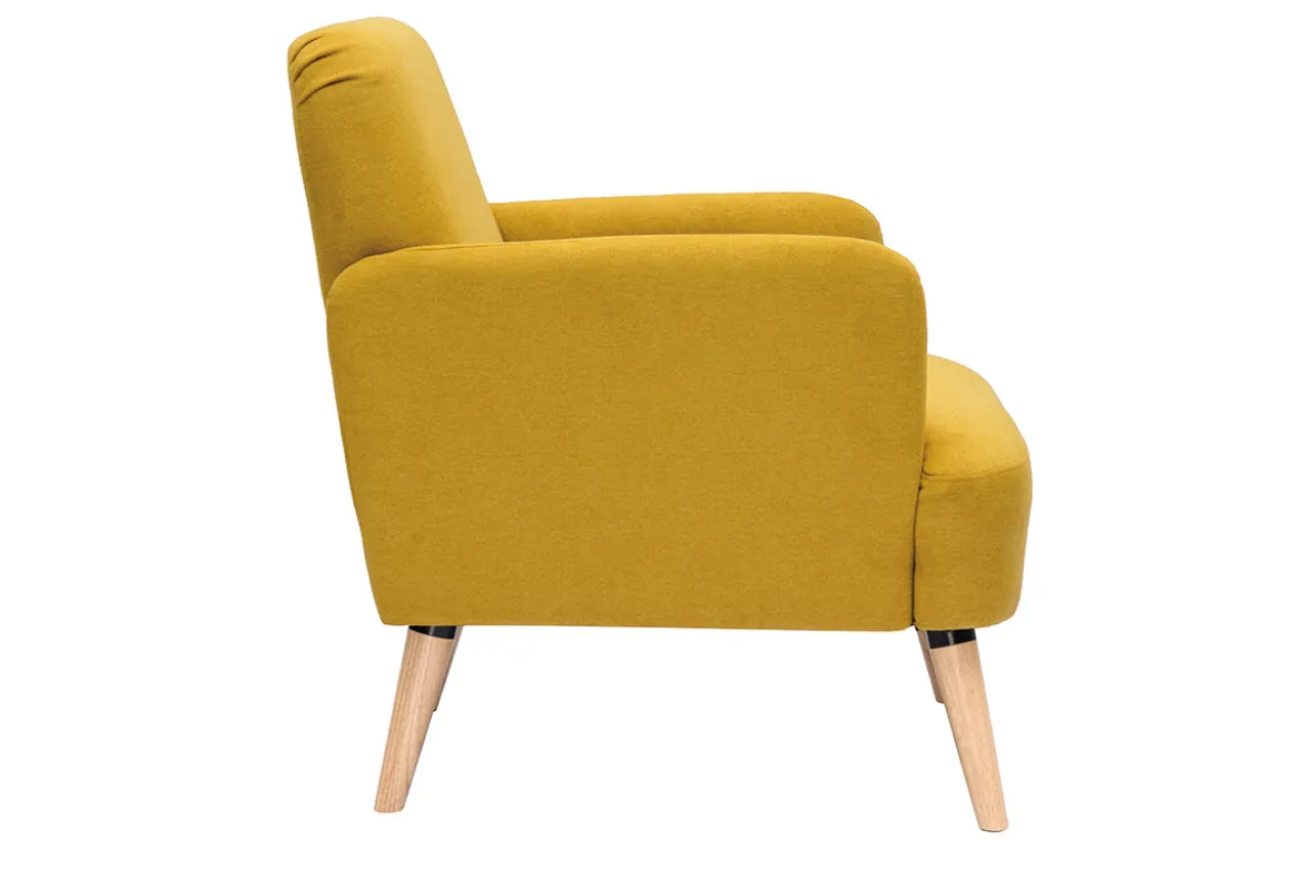 Fauteuil scandinave en tissu effet velours jaune moutarde et bois clair ISKO