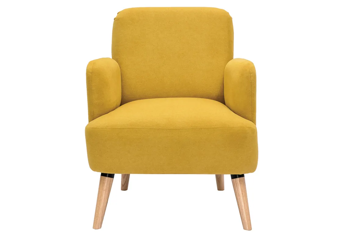 Fauteuil scandinave en tissu effet velours jaune moutarde et bois clair ISKO