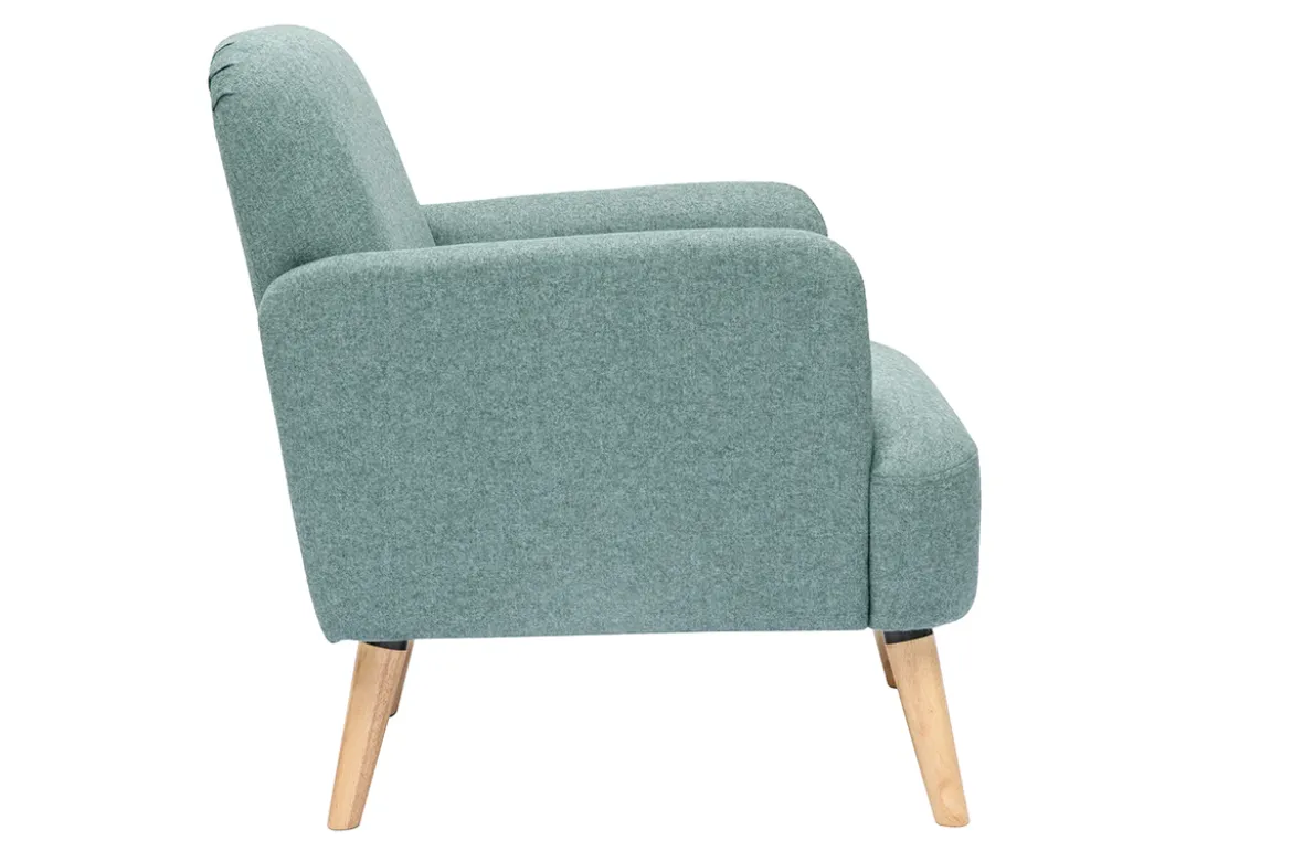 Fauteuil scandinave en tissu vert de gris et bois clair ISKO
