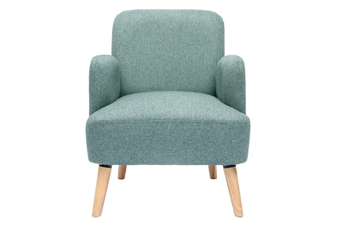Fauteuil scandinave en tissu vert de gris et bois clair ISKO