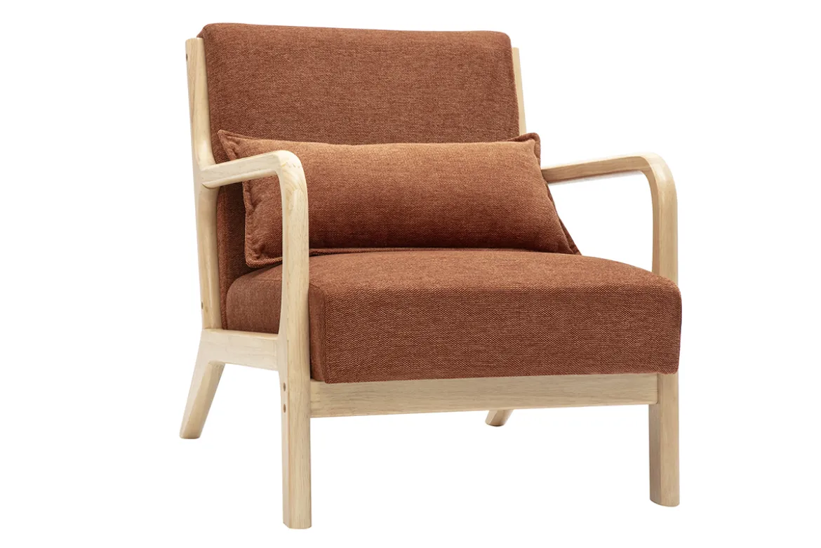 Fauteuil scandinave en tissu effet velours terre brûlée et bois clair massif DERRY