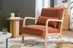 Fauteuil scandinave en tissu effet velours terre brûlée et bois clair massif DERRY