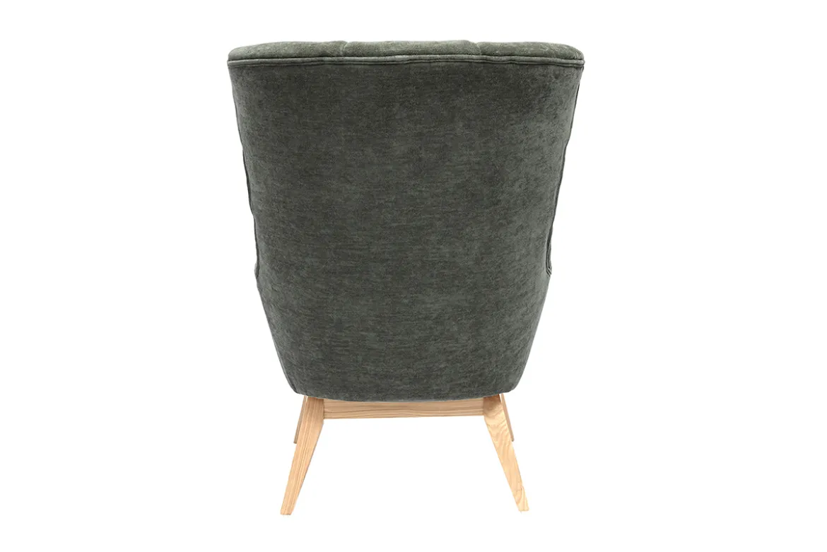 Fauteuil scandinave en tissu effet velours vert kaki et bois clair BRODY