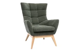 Fauteuil scandinave en tissu effet velours vert kaki et bois clair BRODY