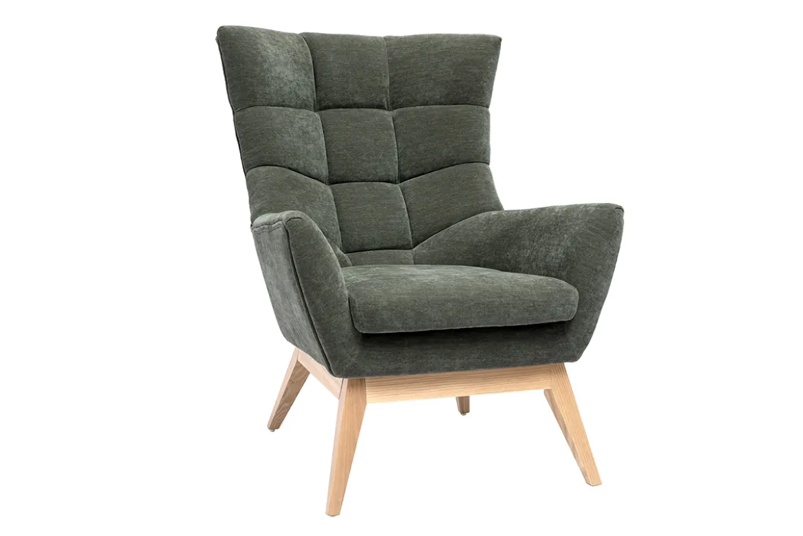Fauteuil scandinave en tissu effet velours vert kaki et bois clair BRODY