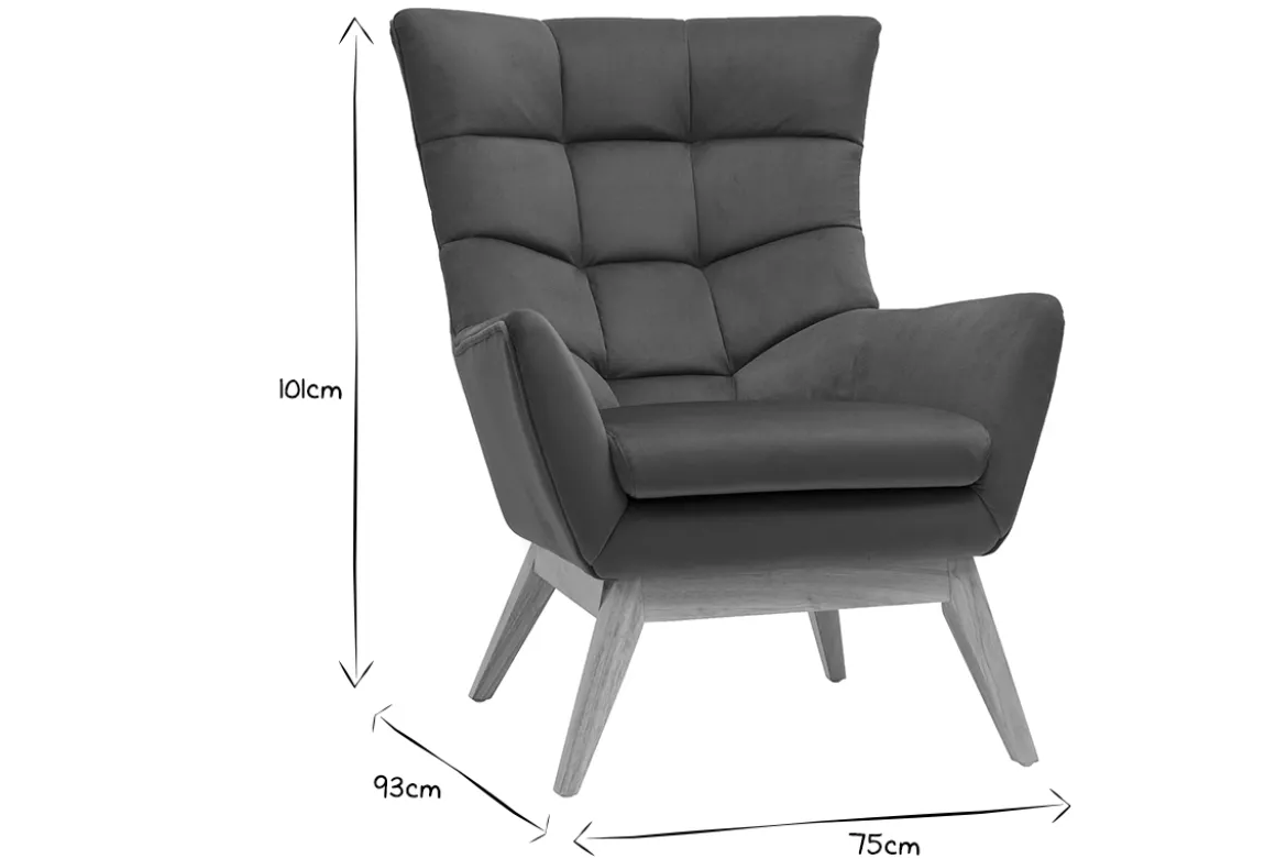 Fauteuil scandinave en tissu effet velours vert kaki et bois clair BRODY
