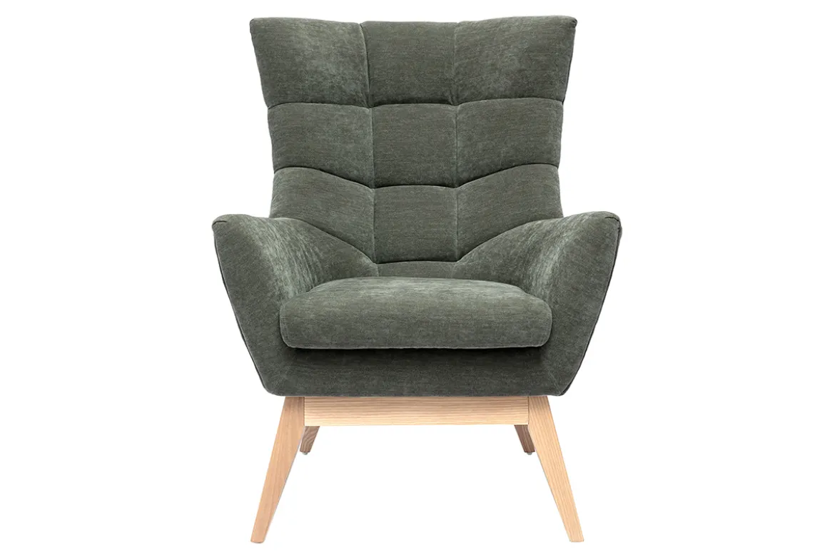 Fauteuil scandinave en tissu effet velours vert kaki et bois clair BRODY