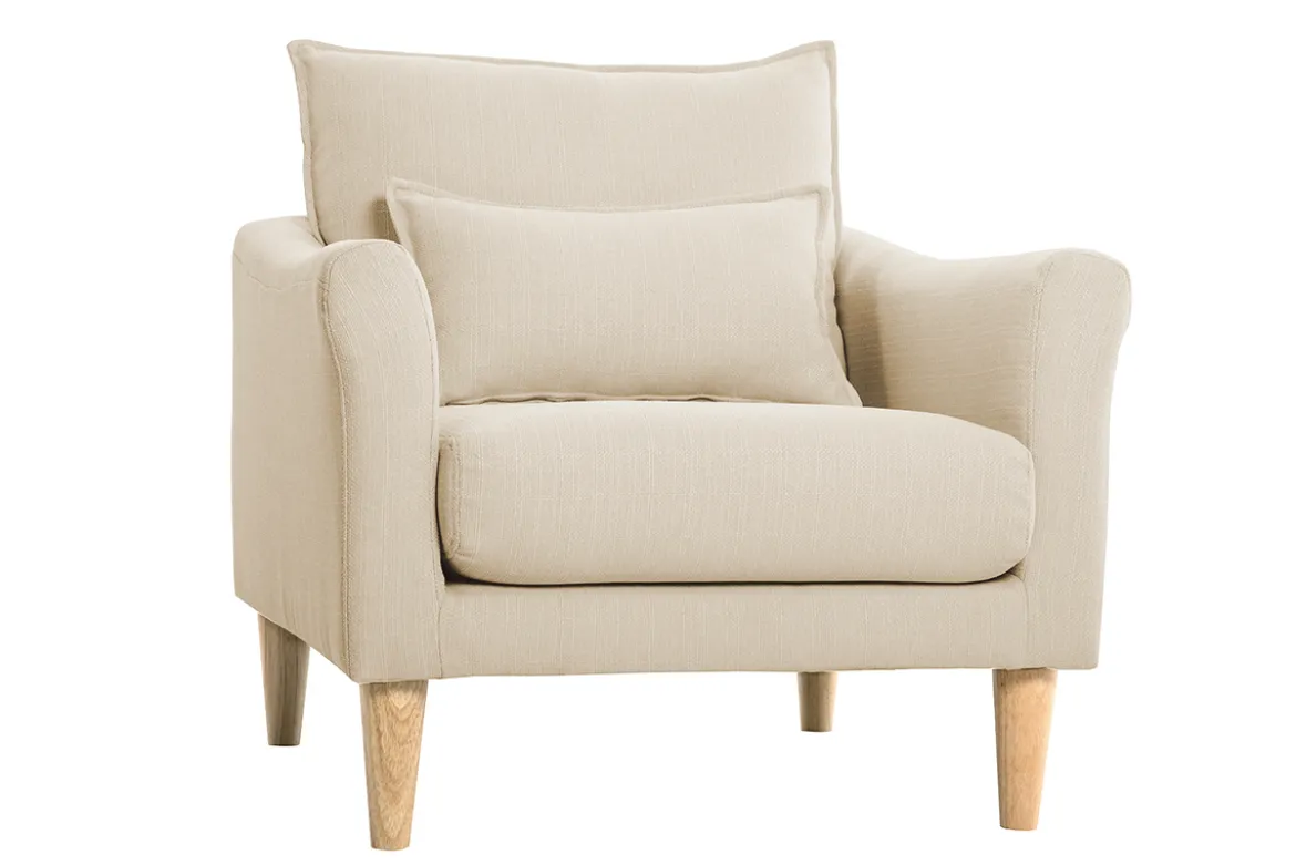 Fauteuil scandinave en tissu beige et bois clair KATE