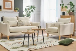 Fauteuil scandinave en tissu beige et bois clair KATE