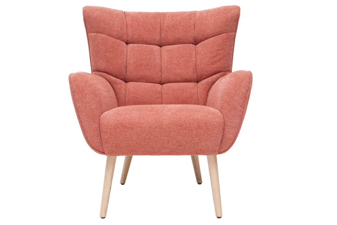 Fauteuil scandinave en tissu effet velours texturé terracotta et bois clair AVERY