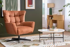 Fauteuil scandinave pivotant en tissu effet velours texturé terre brûlée et métal AVERY
