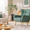 Fauteuil scandinave tissu effet velours texturé vert foncé et bois clair AVERY