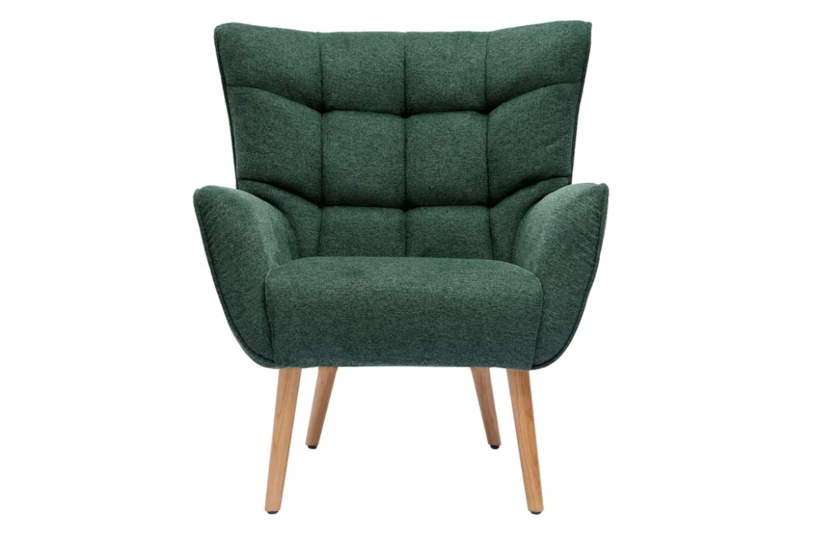 Fauteuil scandinave tissu effet velours texturé vert foncé et bois clair AVERY