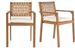 Fauteuils de jardin empilables en bois massif avec coussin blanc et sangles beiges (lot de 2) SANTANA