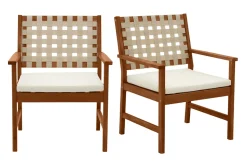 Fauteuils de jardin en bois massif avec coussin blanc et sangles beiges (lot de 2) SANTANA