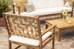 Fauteuils de jardin en bois massif avec coussin blanc et sangles beiges (lot de 2) SANTANA
