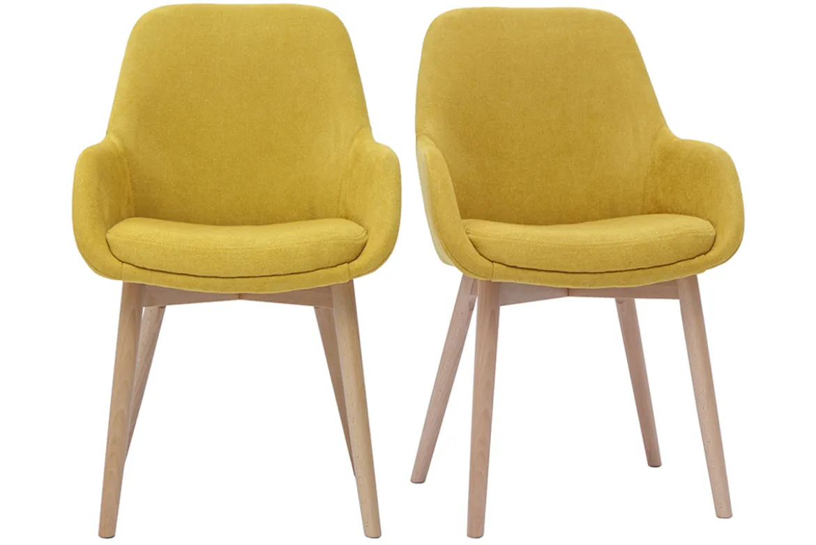 Fauteuils scandinaves en tissu effet velours jaune moutarde et bois clair massif (lot de 2) HOLO